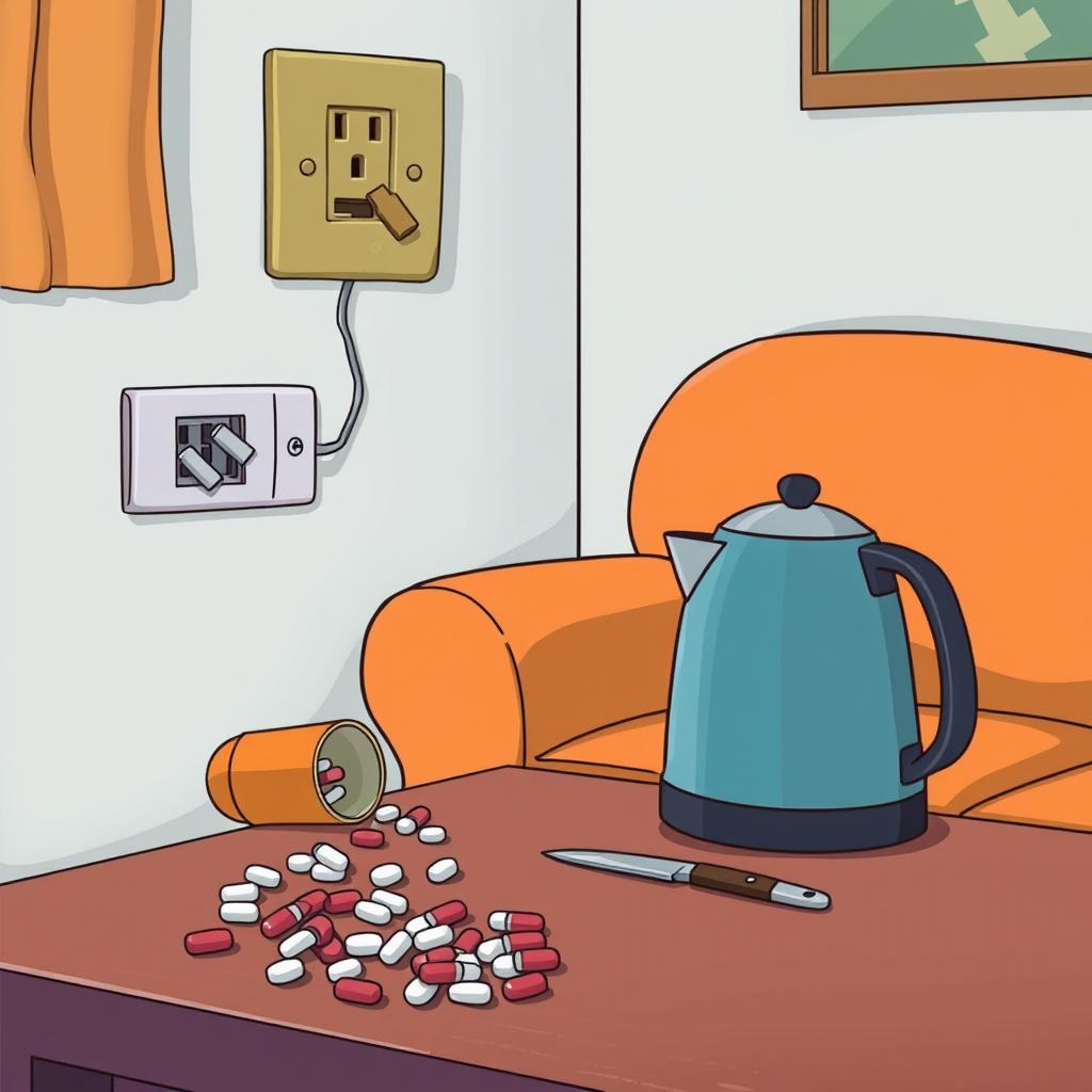 In a cartoon-style living room, a kettle is placed on the edge of a table