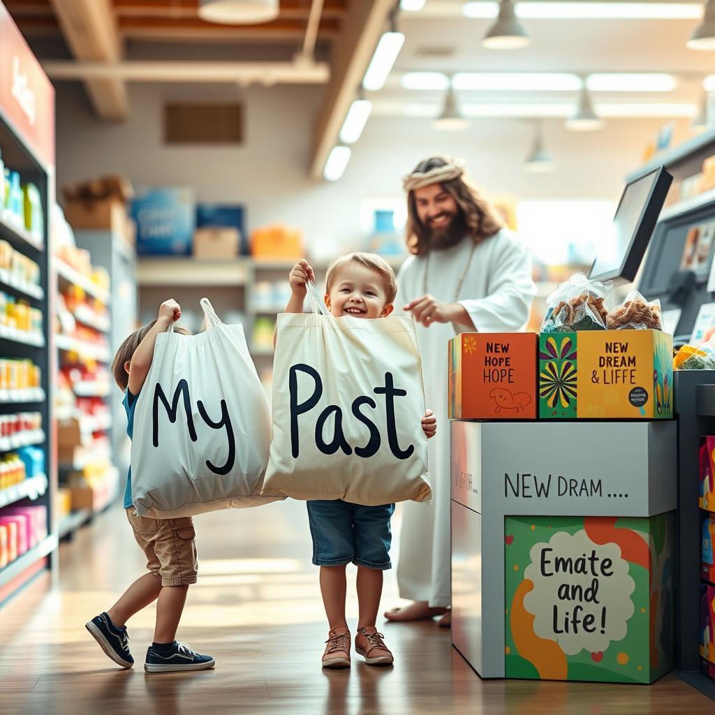 A whimsical scene inside a grocery store where a young boy and girl are joyfully carrying a large, whimsical bag labeled 'My Past'