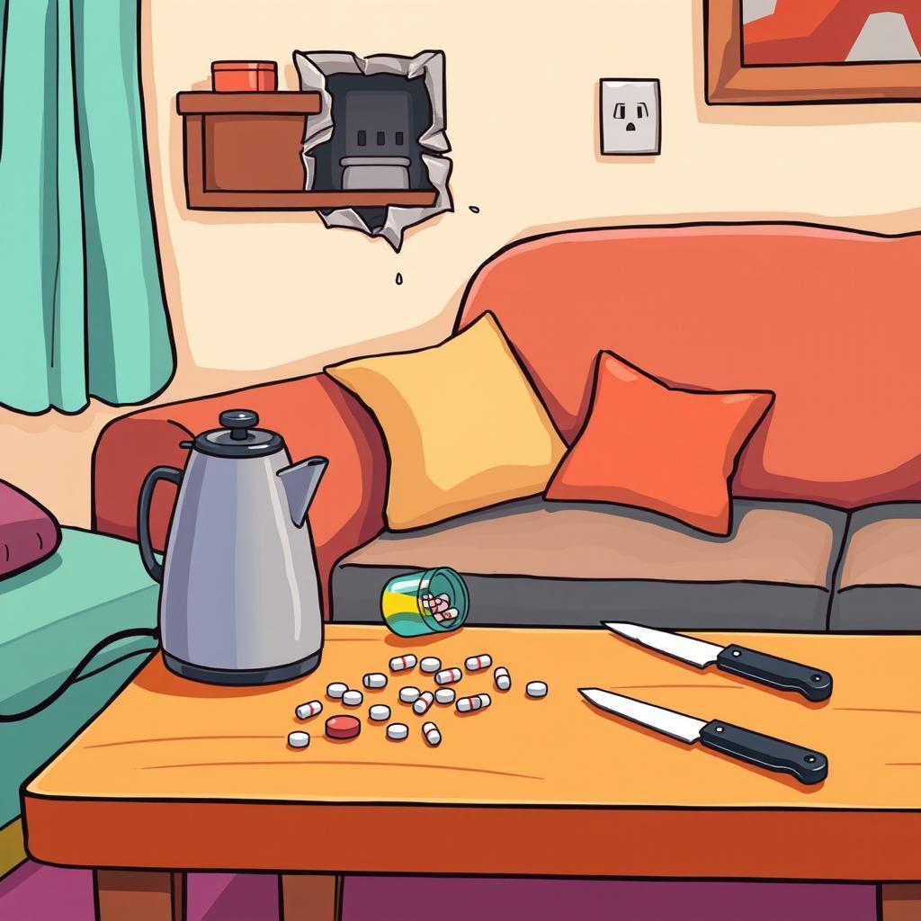 A cozy living room scene in a cartoon style