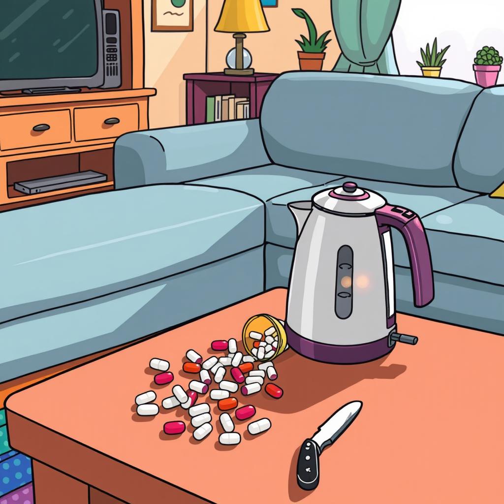 In a cartoon-style living room, there is a kettle sitting at the edge of a table