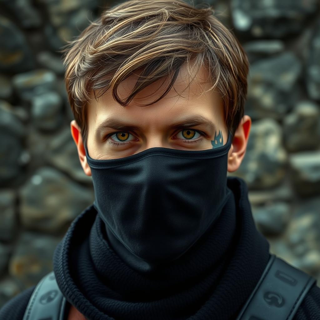 A man in his early thirties with short, wavy brown hair, bright yellow eyes, and a striking face tattoo that begins at his right temple and extends down his cheek