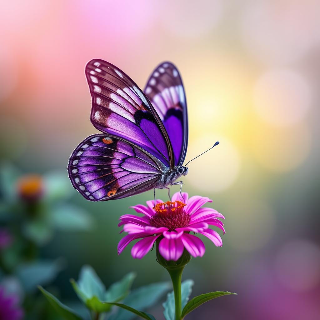 A stunning purple butterfly delicately perched on a vibrant flower, with its wings open wide showcasing intricate patterns and shades of purple