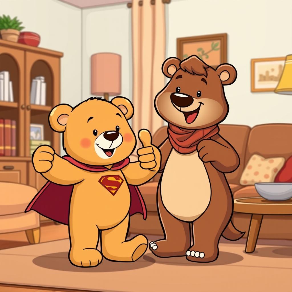 A delightful living room scene in a cartoon style featuring a light brown teddy bear wearing a small superhero cape