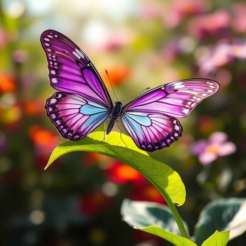 A stunning purple butterfly with intricate patterns on its wings, gracefully perched on a vibrant green leaf