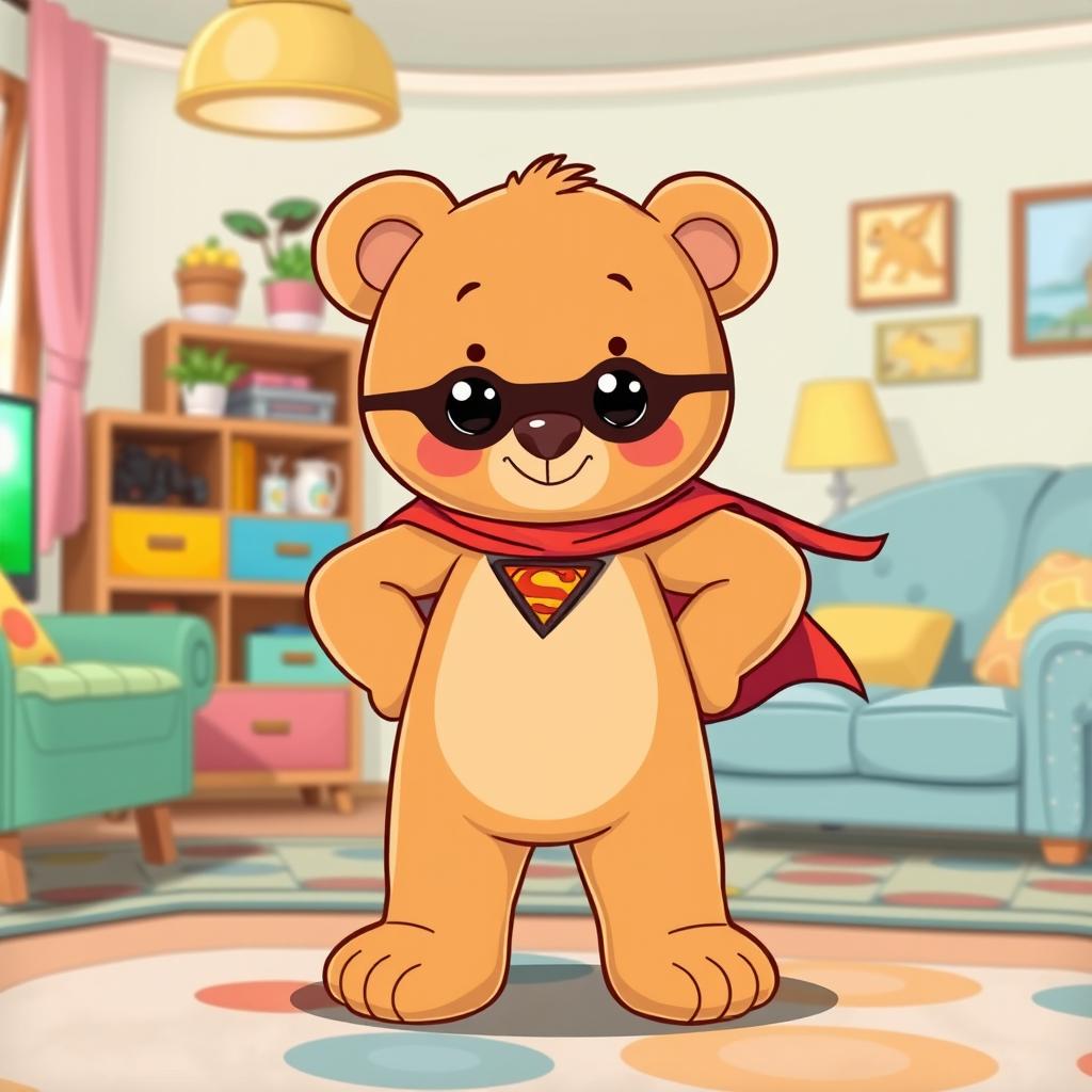 A charming living room scene in a cartoon style featuring a light brown teddy bear wearing a small superhero cape