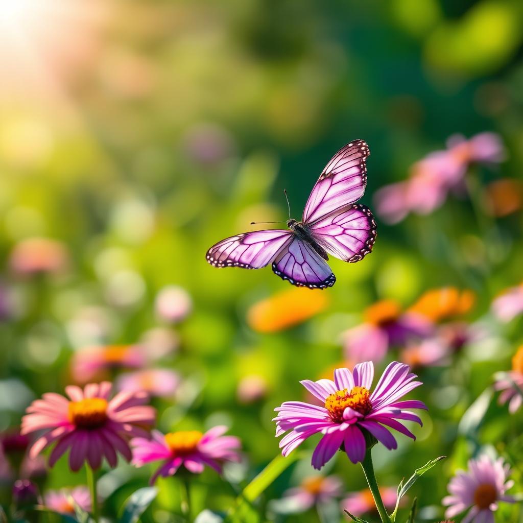A vibrant purple butterfly gracefully fluttering amidst a lush green garden filled with colorful flowers