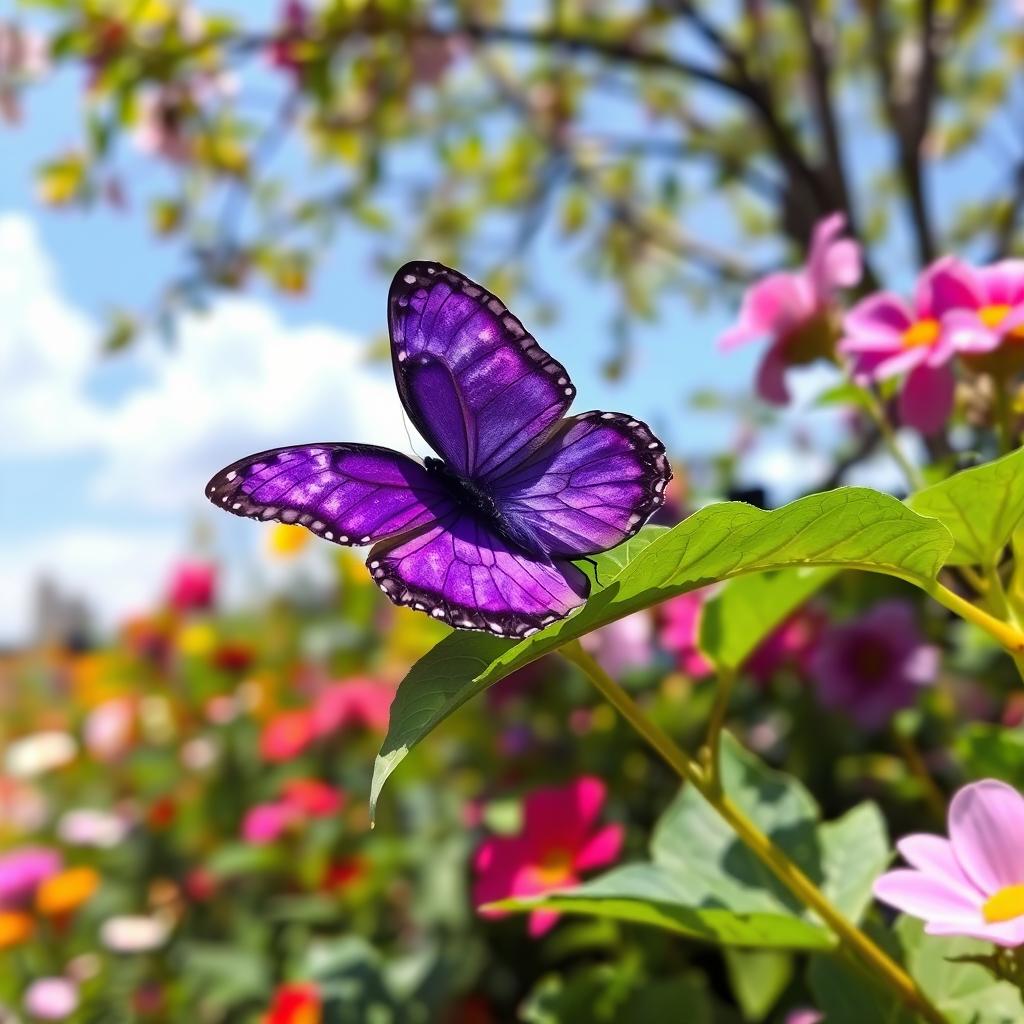 A beautiful purple butterfly with intricate patterns on its wings, gracefully perched on a vibrant green leaf in a sunlit garden