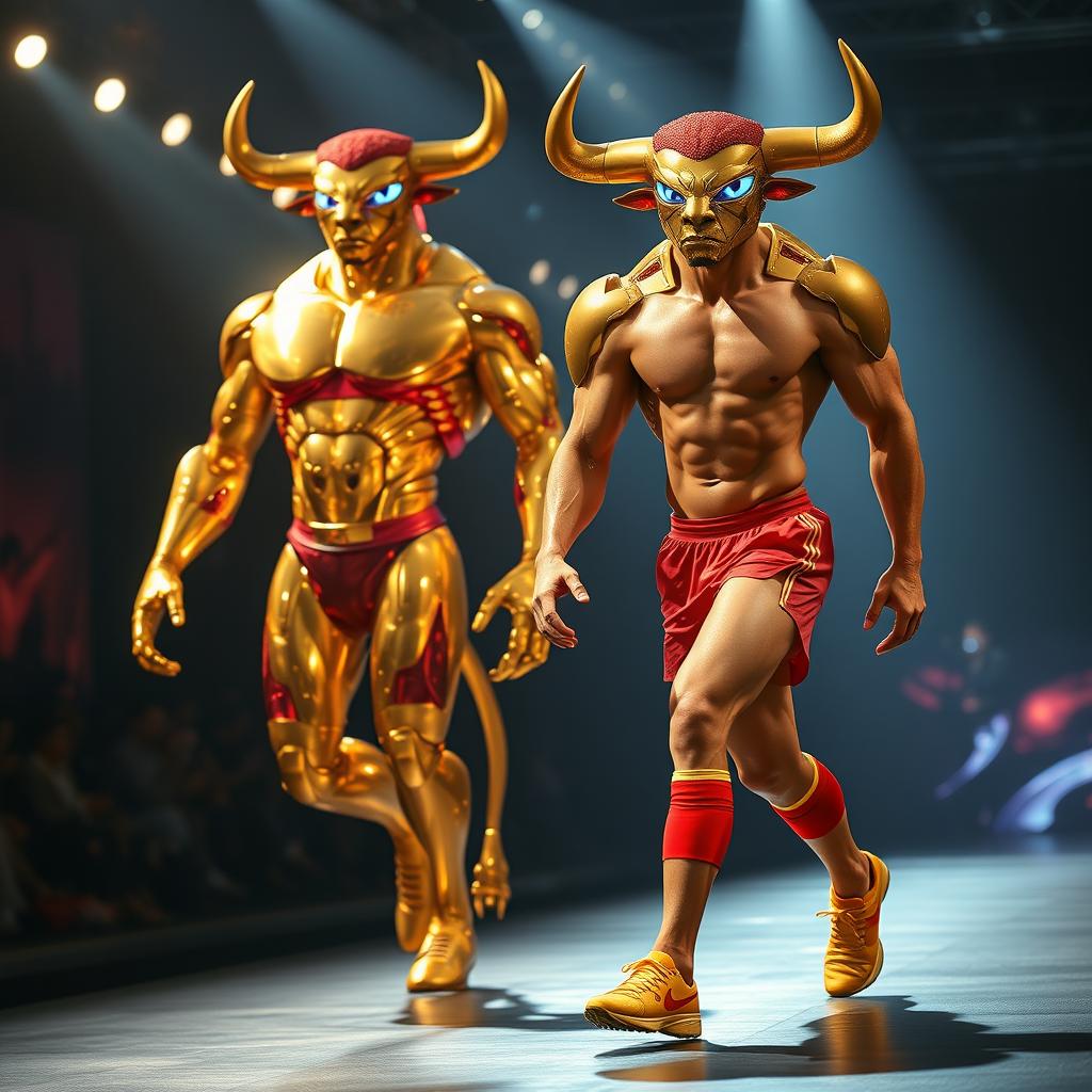 A dramatic runway scene showcasing Ronaldo, the world-famous soccer star, confidently walking alongside a towering, bull-headed humanoid figure with a muscular golden-crystal body