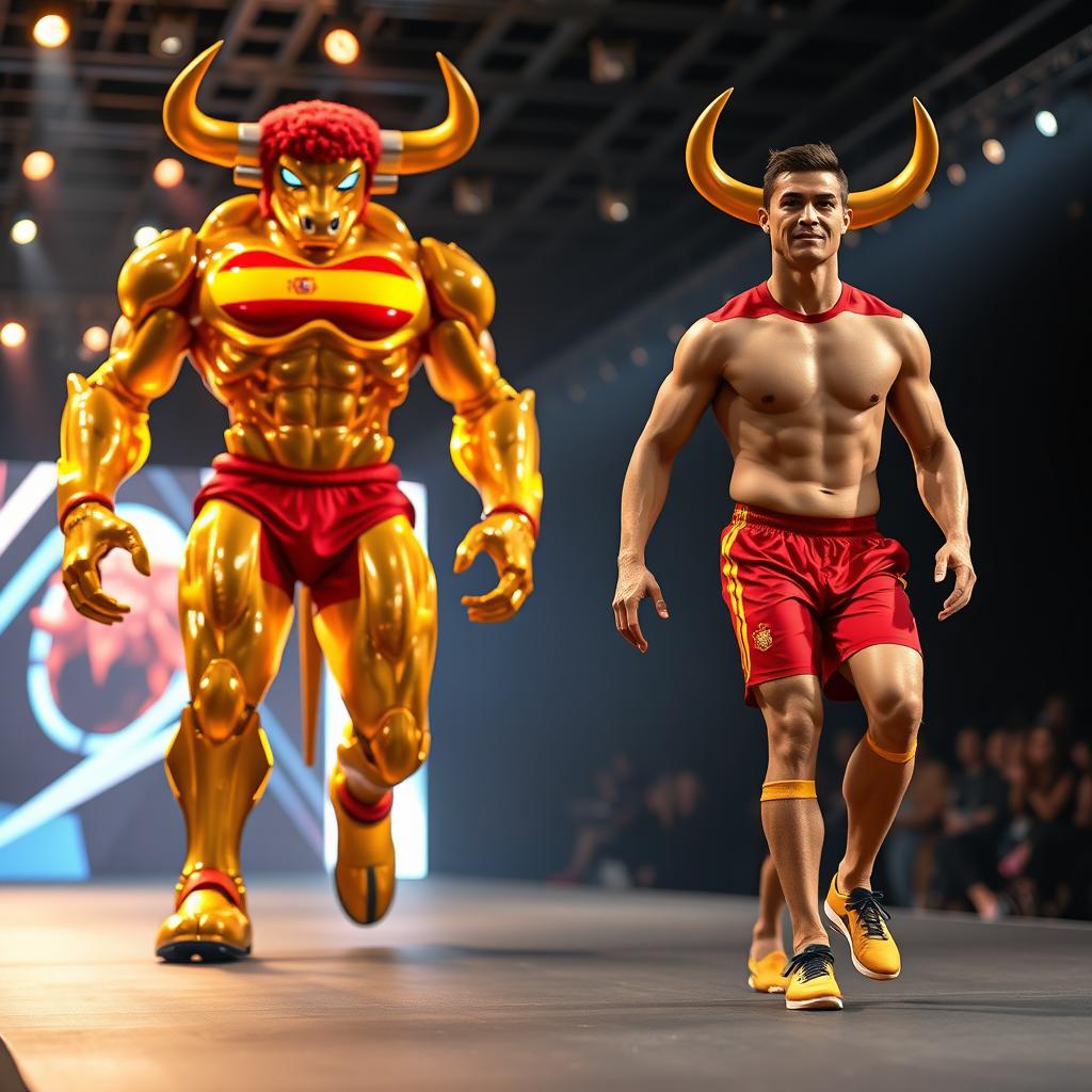 A dramatic runway scene showcasing Ronaldo, the world-famous soccer star, confidently walking alongside a towering, bull-headed humanoid figure with a muscular golden-crystal body