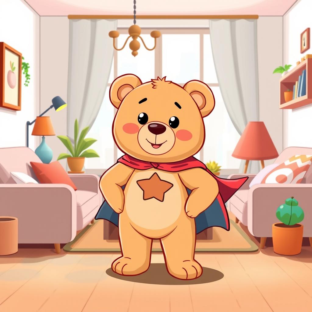 A charming living room scene in a cartoon style featuring a light brown teddy bear wearing a small superhero cape