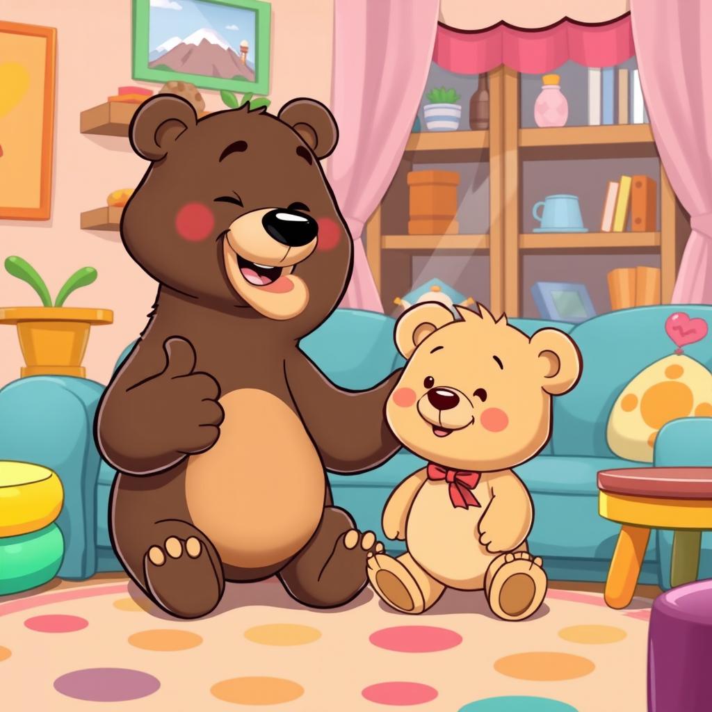 A charming living room scene in a cartoon style featuring a bear mother gently petting the head of a light brown teddy bear