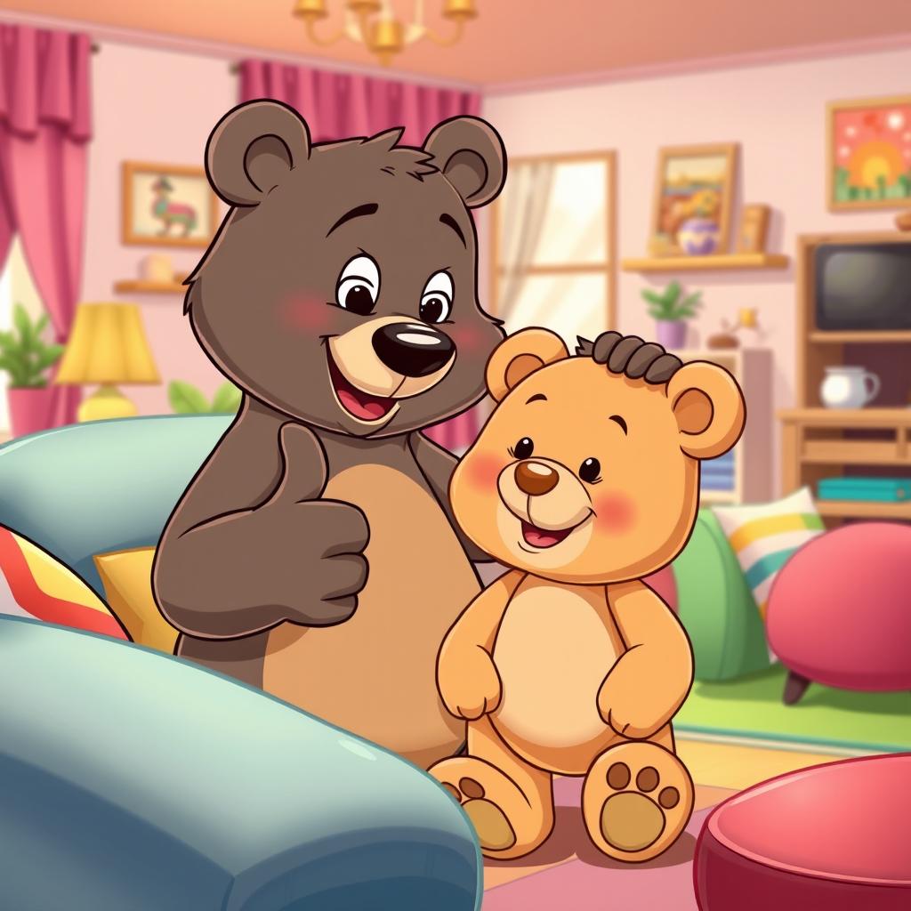 A delightful living room scene in a cartoon style featuring a bear mother affectionately petting the head of a light brown teddy bear