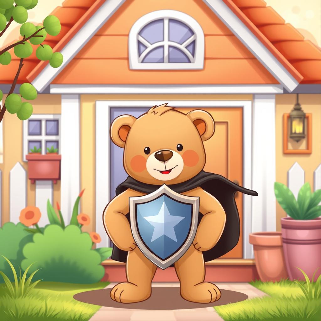 A cozy home background in a cartoon style featuring a light brown teddy bear standing proudly with a safety shield in front of the house