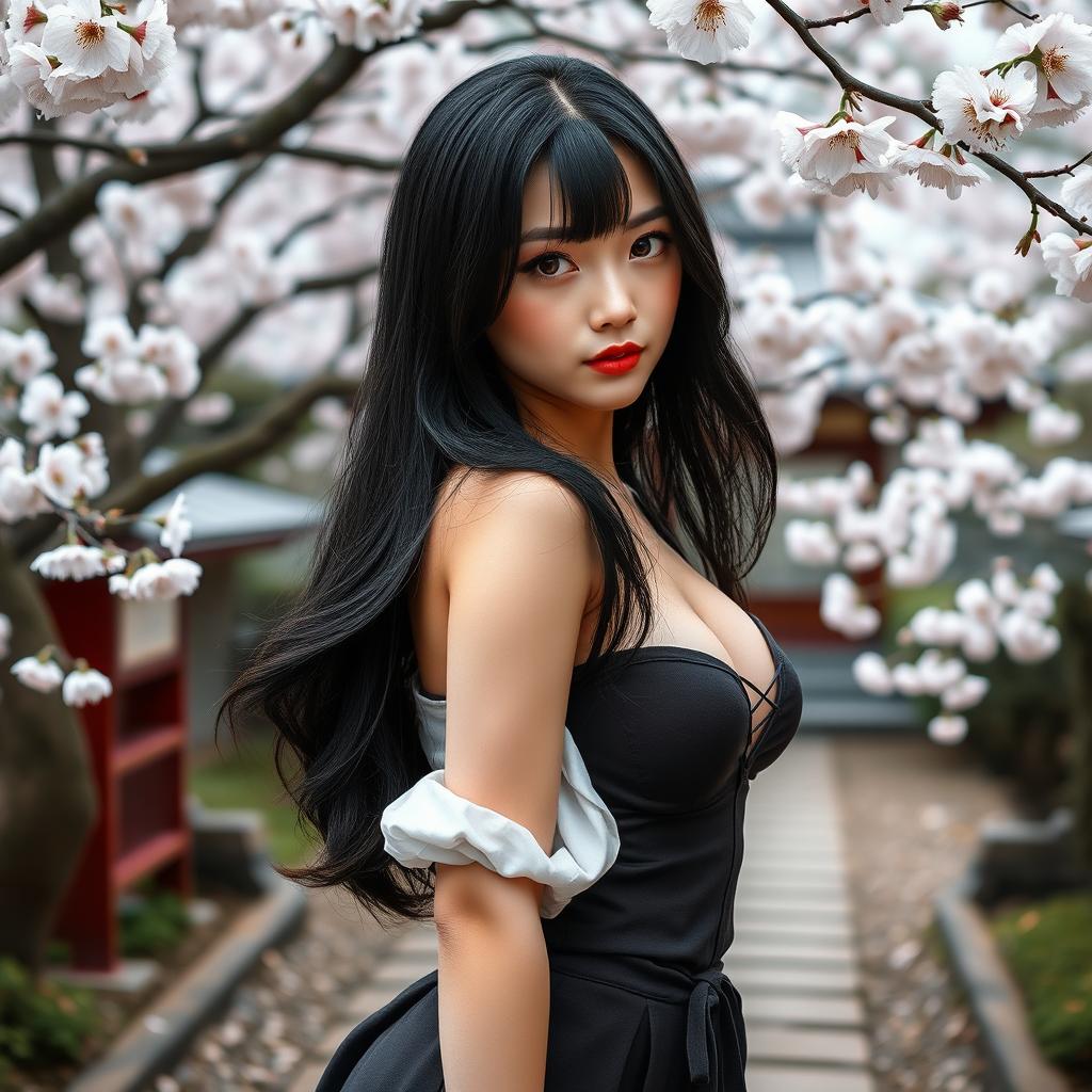 A beautiful Japanese woman with an attractive figure, prominently featuring a large bust size