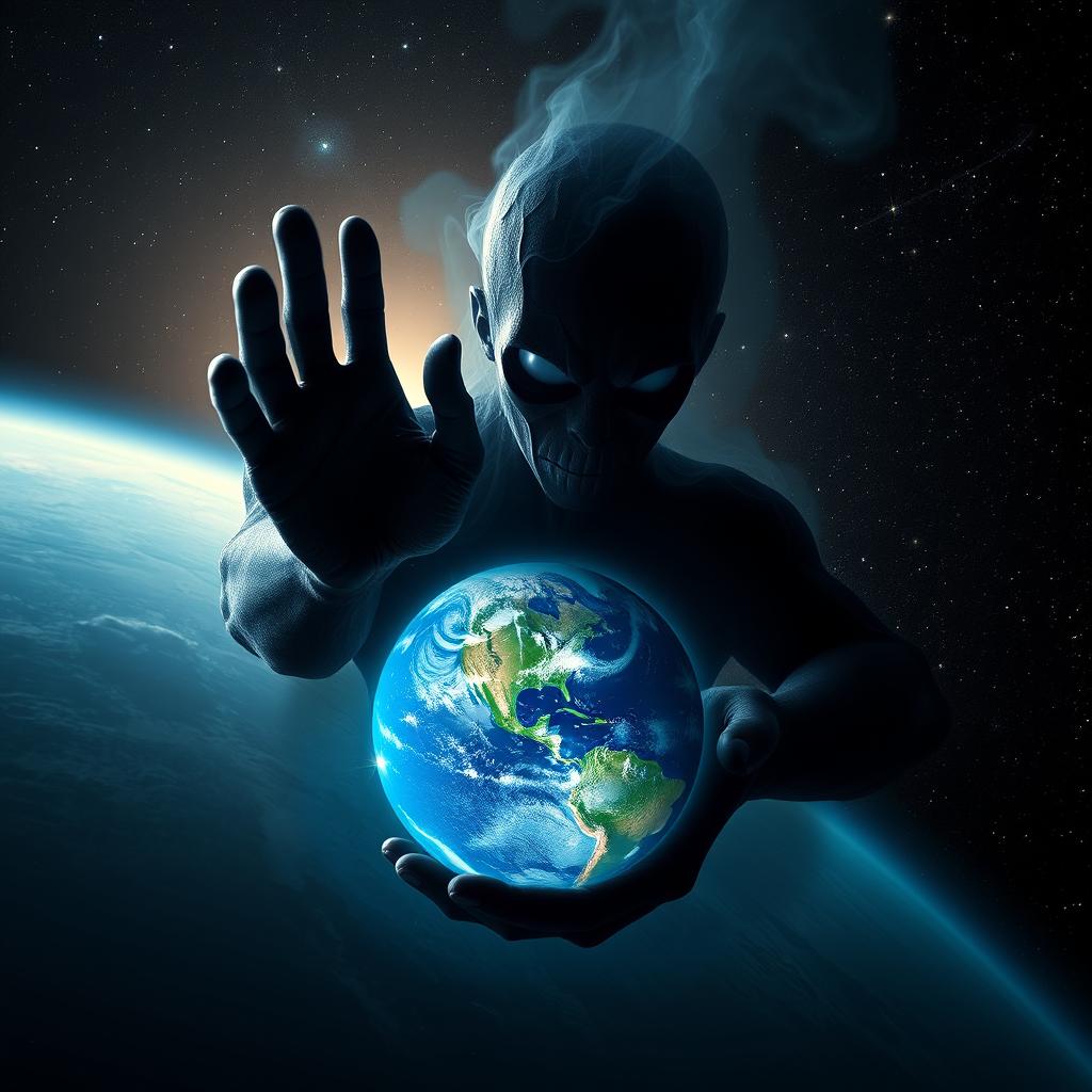 A cosmic scene viewed from space, featuring a dark energy mass, slightly transparent, resembling a malevolent entity