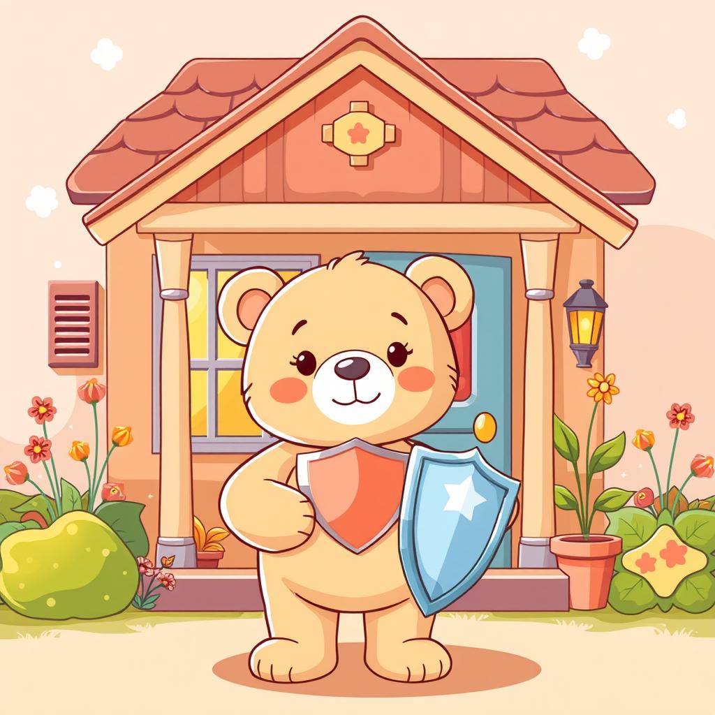 A warm and cozy home background in a cartoon style featuring a light brown teddy bear standing in front of the house with a safety shield