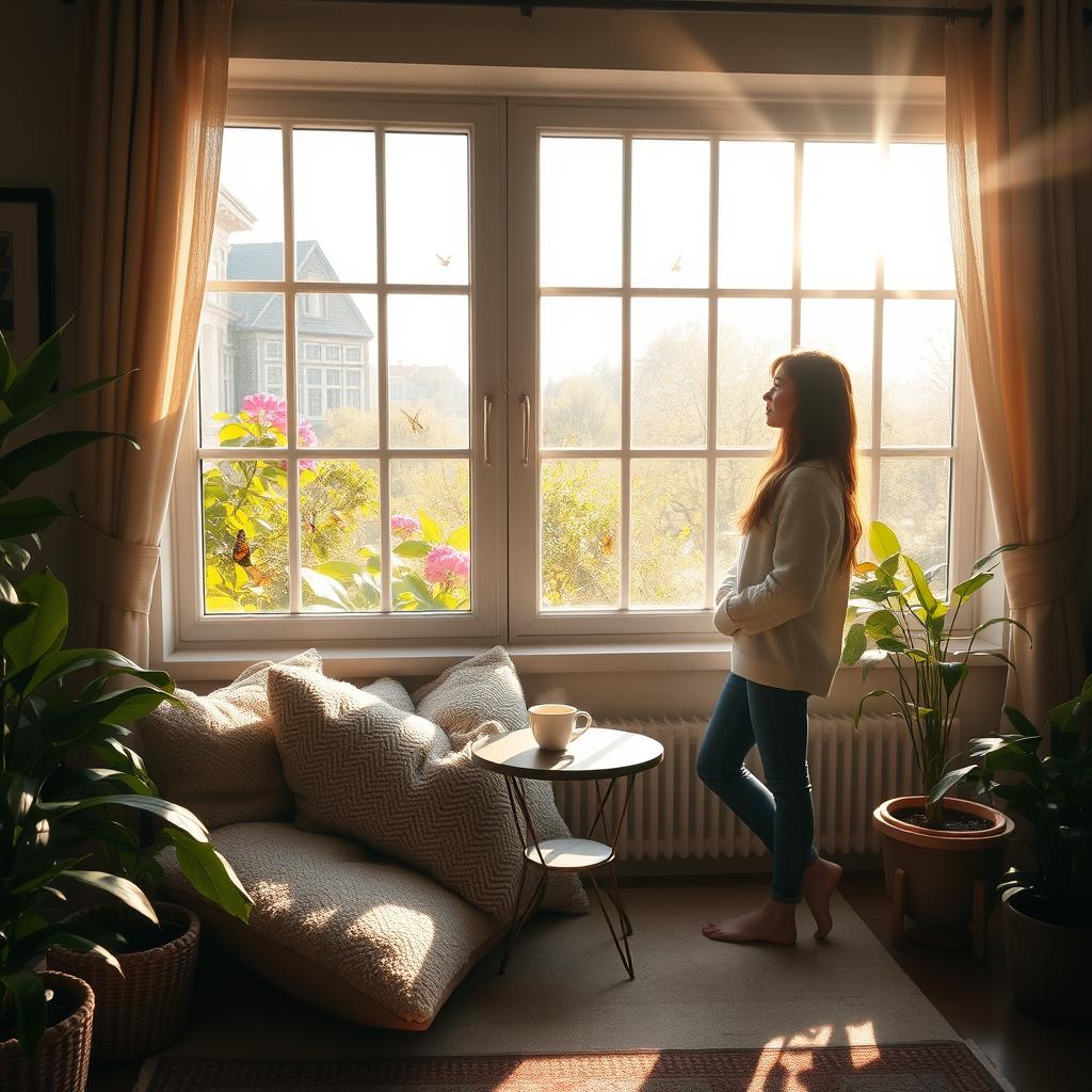 A serene, picturesque room with soft sunlight streaming through a large window