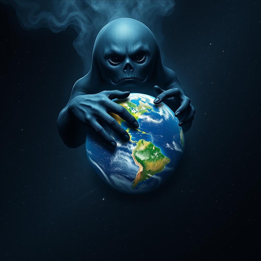 A dark, slightly transparent energy mass representing a malign entity, floating in space, with pupil-less eyes expressing a mix of evil and sadness