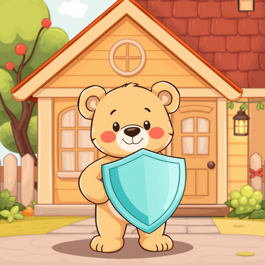 A warm and inviting home background in a cartoon style featuring a light brown teddy bear standing in front of the house with a safety shield