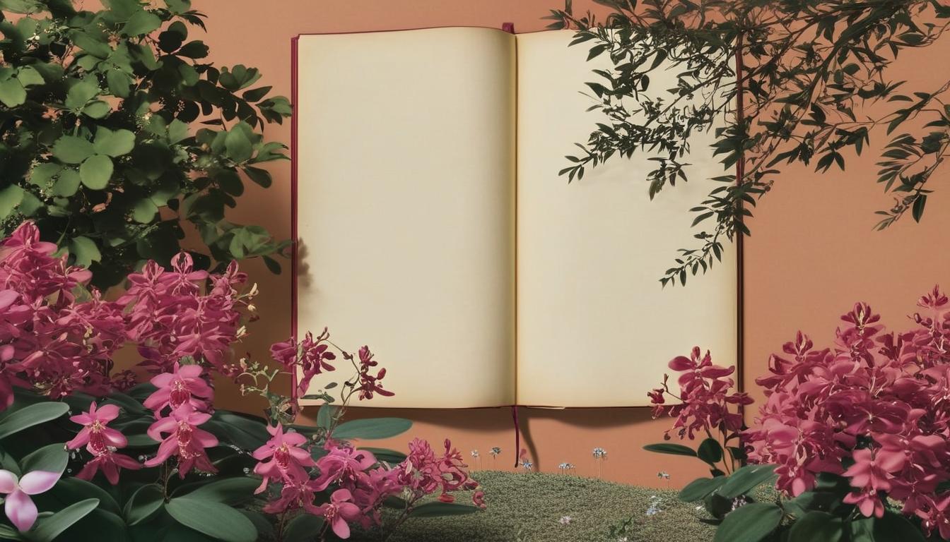 Crea una cubierta de un libro, fotográfica y simbólica donde la parte de los bordes exhiba un vibrante jardín en primavera (vida, renovación, flores típicas del Medio Oriente: Orquídeas, Rosa de Siria, Violeta de Persia, Geranio de olor) y la parte central es elmismo jardín pero en invierno, en colores grises (final de ciclo, reflexión). Es el mismo jardín, pero en el centro hay colores grises. Utiliza tipografía inspirada en el estilo arábigo y una paleta de colores naturales y armoniosos. Aplica texturas sutiles semejantes a la tela damascena y contrasta emocionalmente la primaver y el invierno. En el costado izquierdo se ve la imagen de un niño (no se ve su cara) mirando hacia la derecha, y el el borde derecho hay una madre mirando a su niño a la izquierda (no se ve su cara). Apuesta por un diseño simbólico. Las figuras de madre e hijo no son fotos sino representativas
