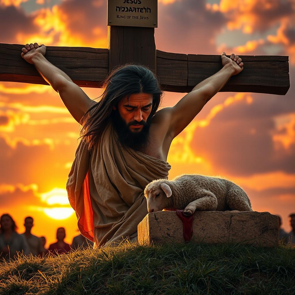 A close-up of Yeshua nailed to a wooden cross, his face reflecting both suffering and compassion