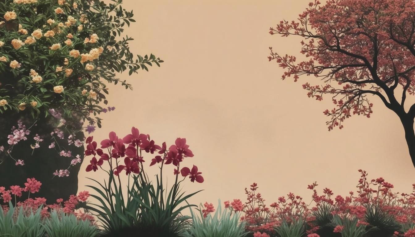 A photographic and symbolic book cover where the edges feature a vibrant spring garden, brimming with Middle Eastern flowers such as Orchids, Syrian Rose, Persian Violet, and Scented Geranium, representing life and renewal