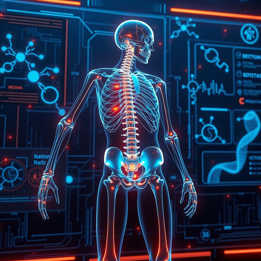 A futuristic digital illustration of a human skeleton with a glowing nervous system and muscular structure