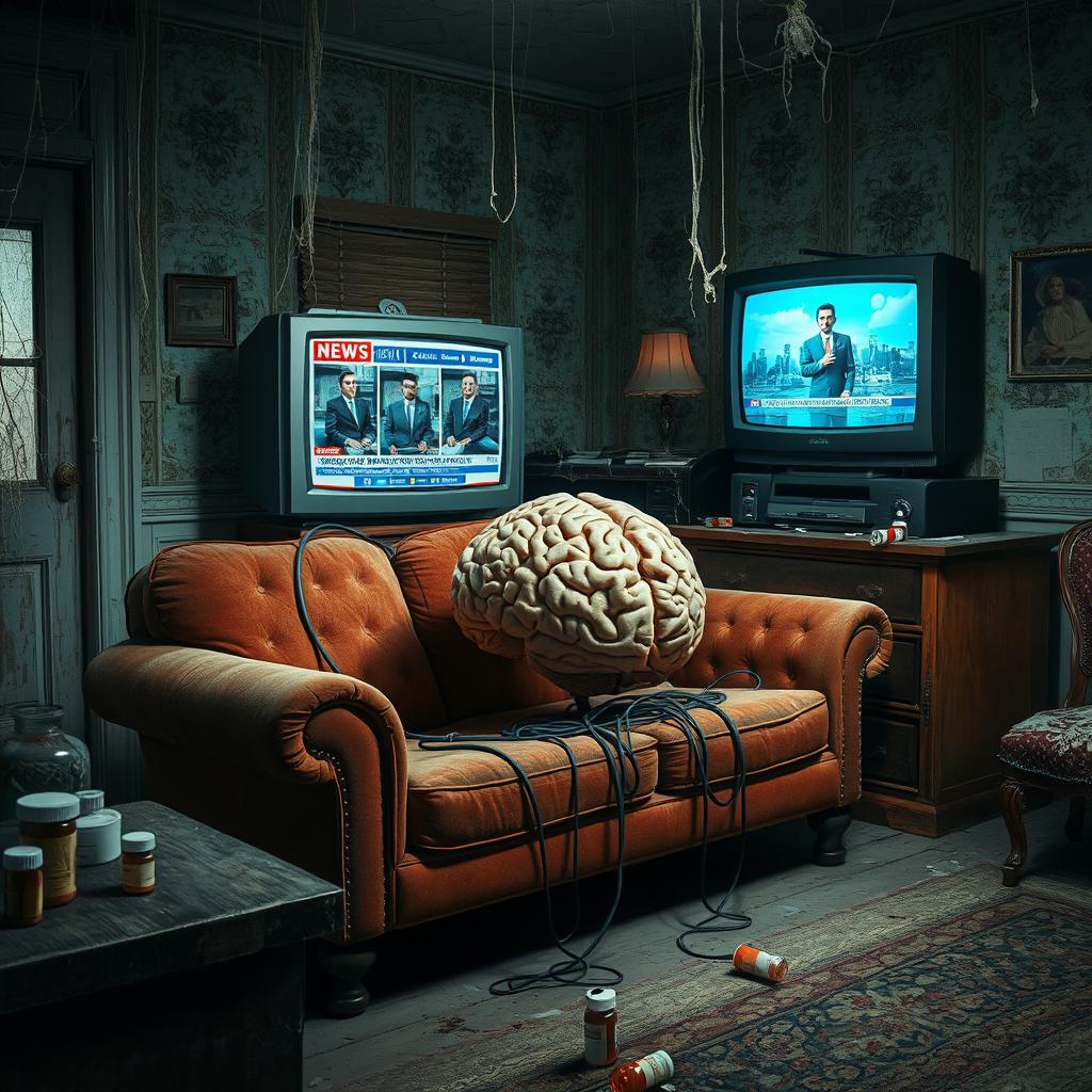 A realistic photomontage of a brain sitting on a worn-out sofa, connected by cables, watching the news on an old television in a dilapidated house