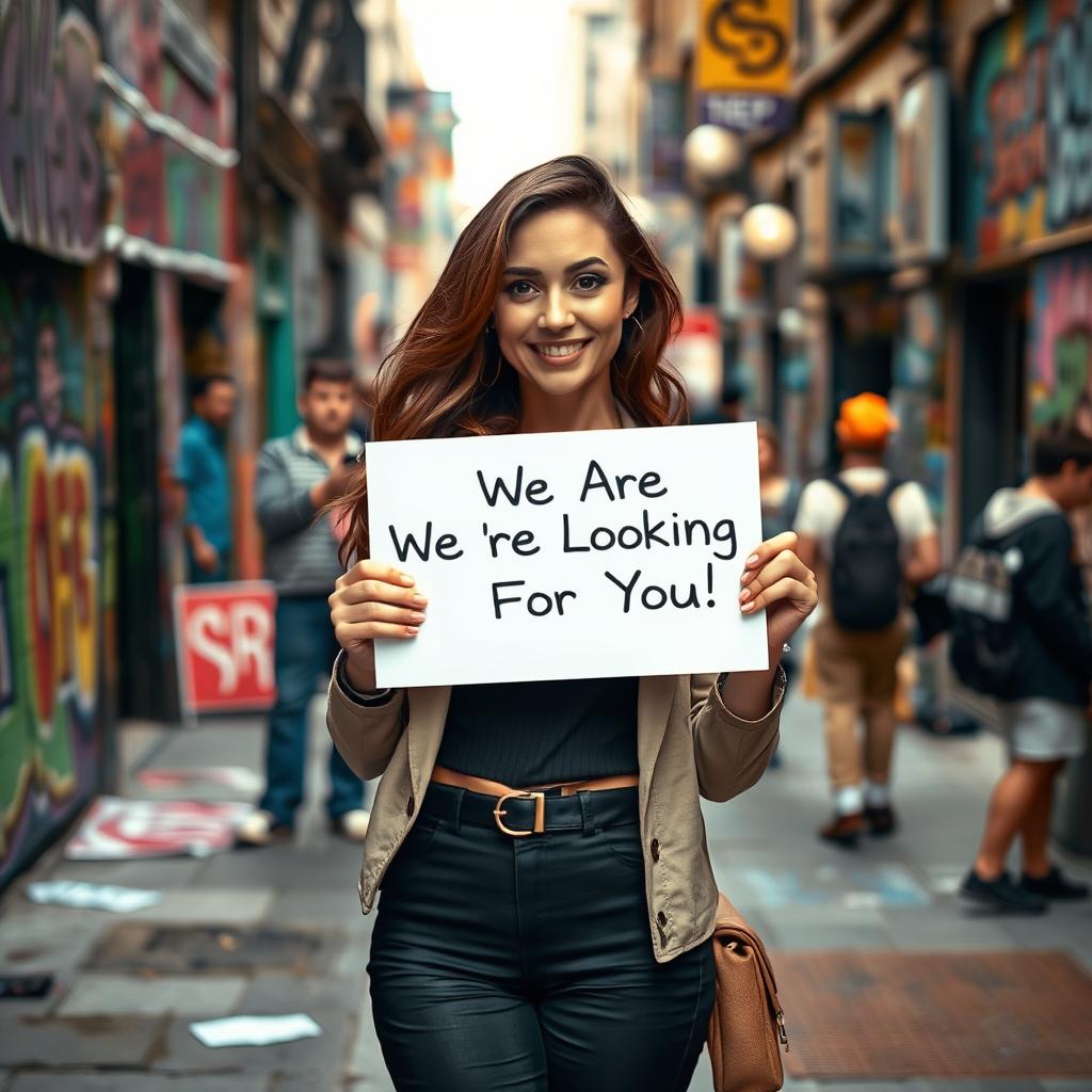 A transgender woman holding a sign that says 'We Are Looking For You!' The woman exudes confidence and warmth, dressed in a stylish outfit that accentuates her features