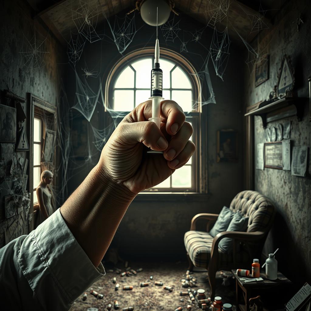 A hyper-realistic photomontage featuring a strong, defined arm gripping a syringe, symbolically crushing hypocrisy