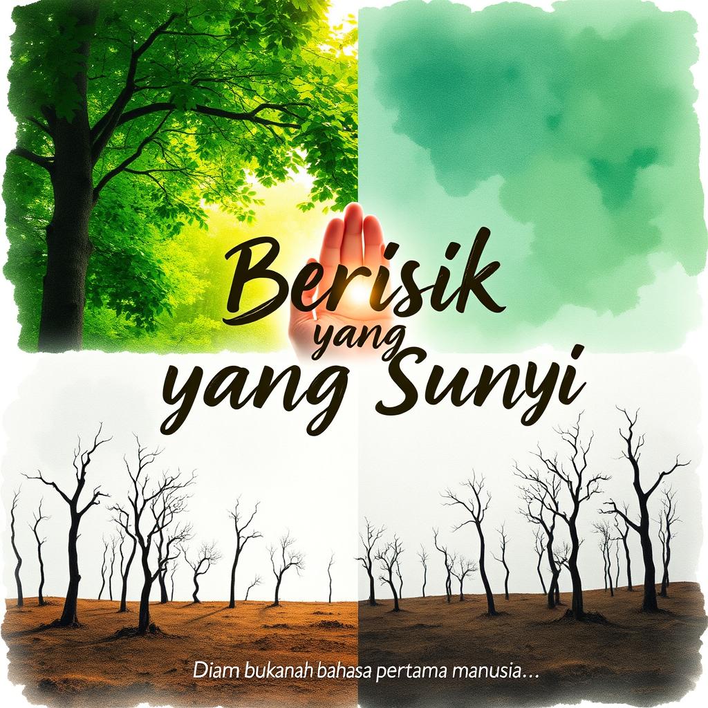 A book cover featuring a split landscape: the top half showcases a vibrant and lush green forest filled with thick foliage and sunlight filtering through the trees, while the bottom half contrasts with a barren field exhibiting dead trees silhouetted against a grey sky