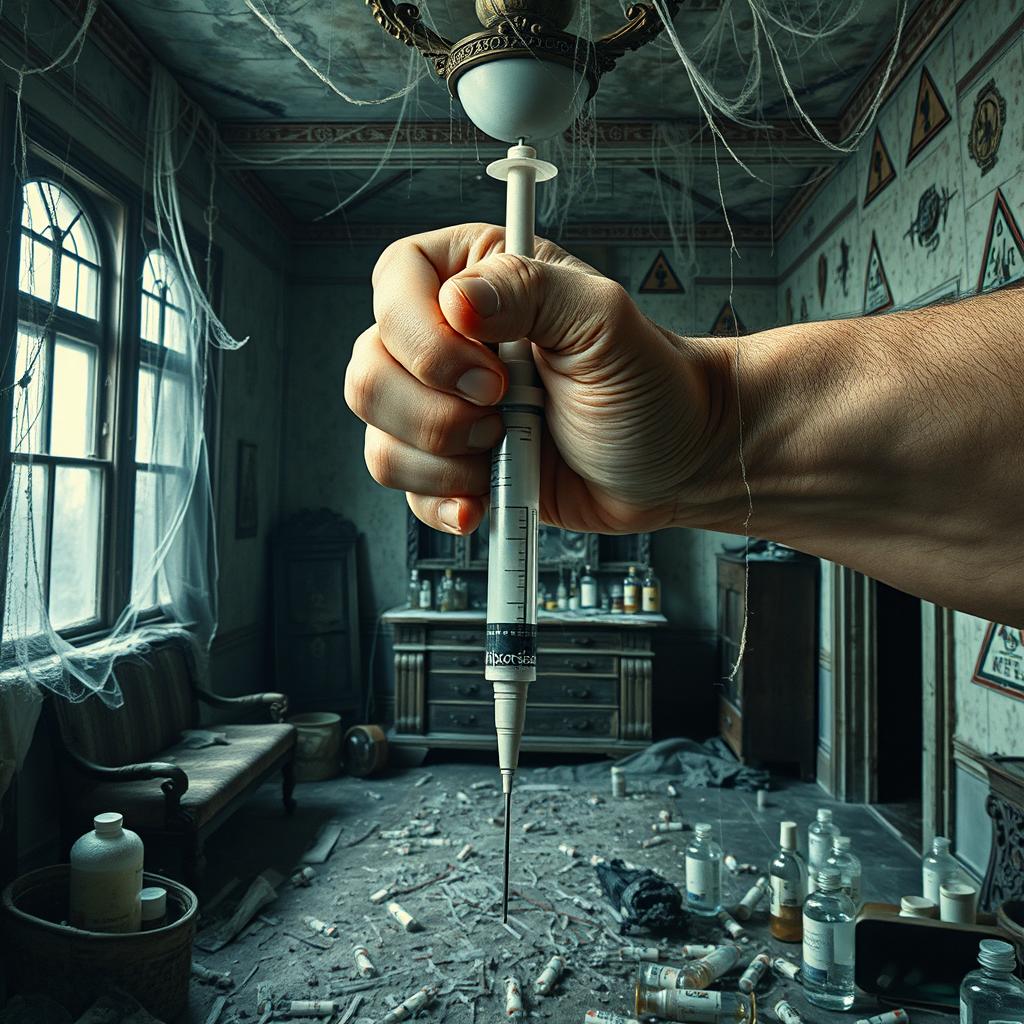 A realistic photomontage of a human arm gripping a syringe, crushing it aggressively