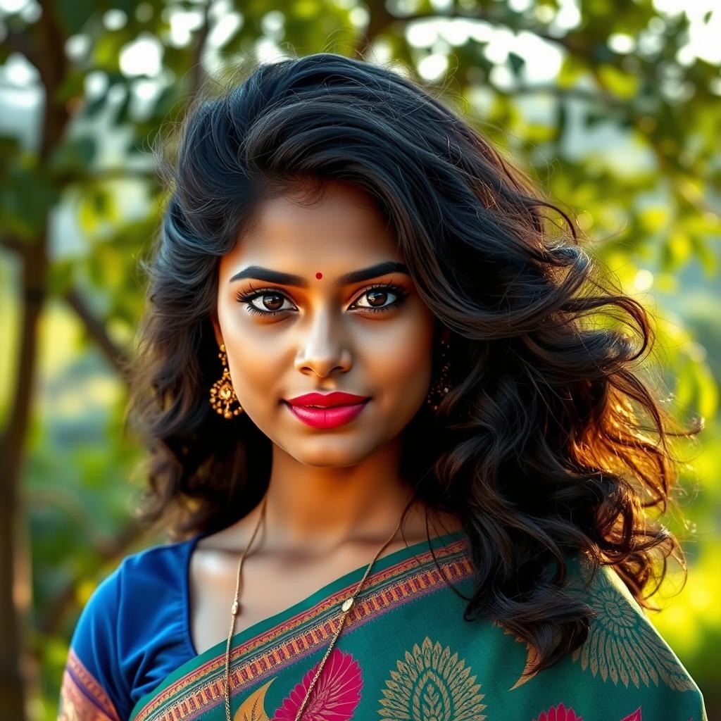 A beautiful Telugu woman with a natural, full head of thick, dark hair cascading over her shoulders