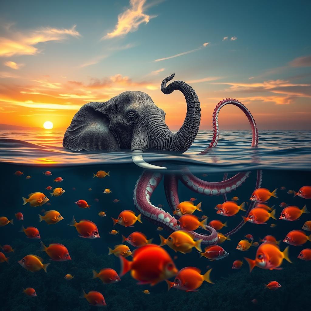 A realistic photomontage of an elephant transforming into an octopus in the ocean, surrounded by colorful fish