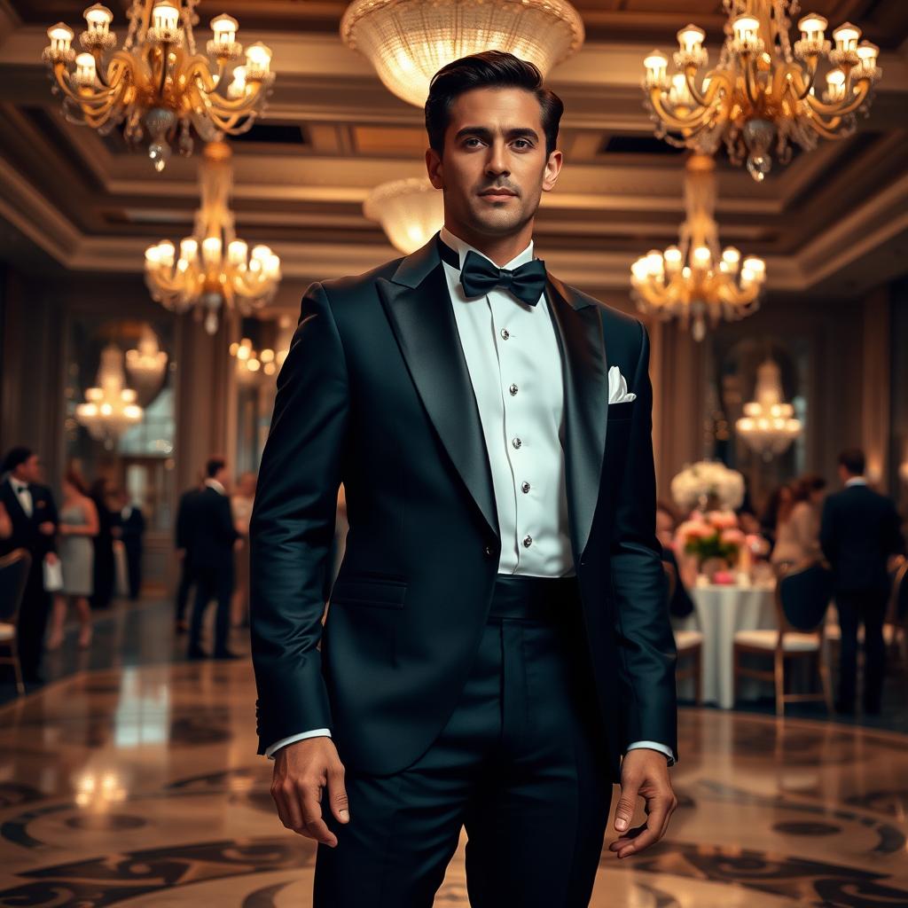 A sophisticated gentleman wearing a classic black tuxedo with a white dress shirt and a black bow tie, standing confidently in an elegant ballroom
