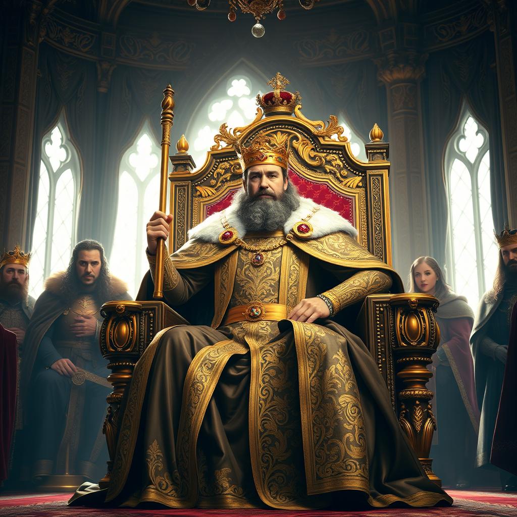 A majestic king seated on an ornate throne, adorned in luxurious royal garments with intricate gold embroidery, holding a scepter in one hand