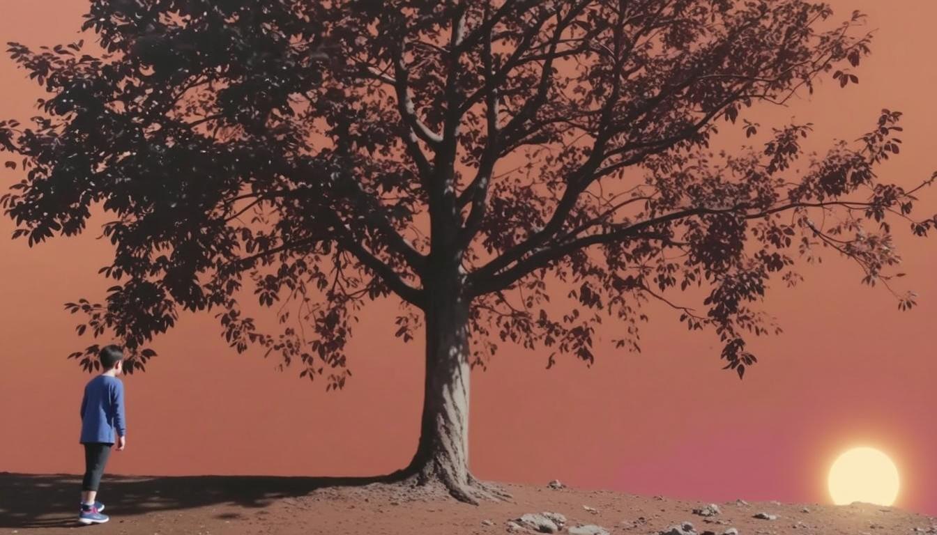A serene scene depicting a Syrian child sitting on the left, looking towards the center