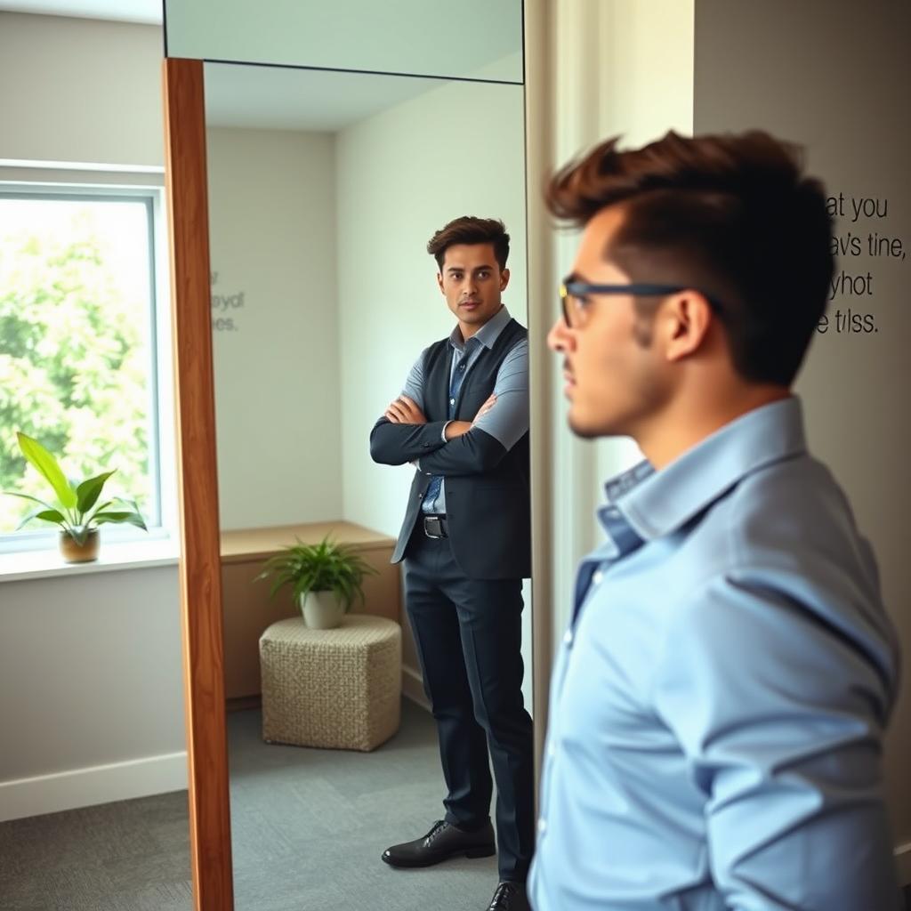 A person standing confidently in front of a mirror, looking at their own reflection with determination