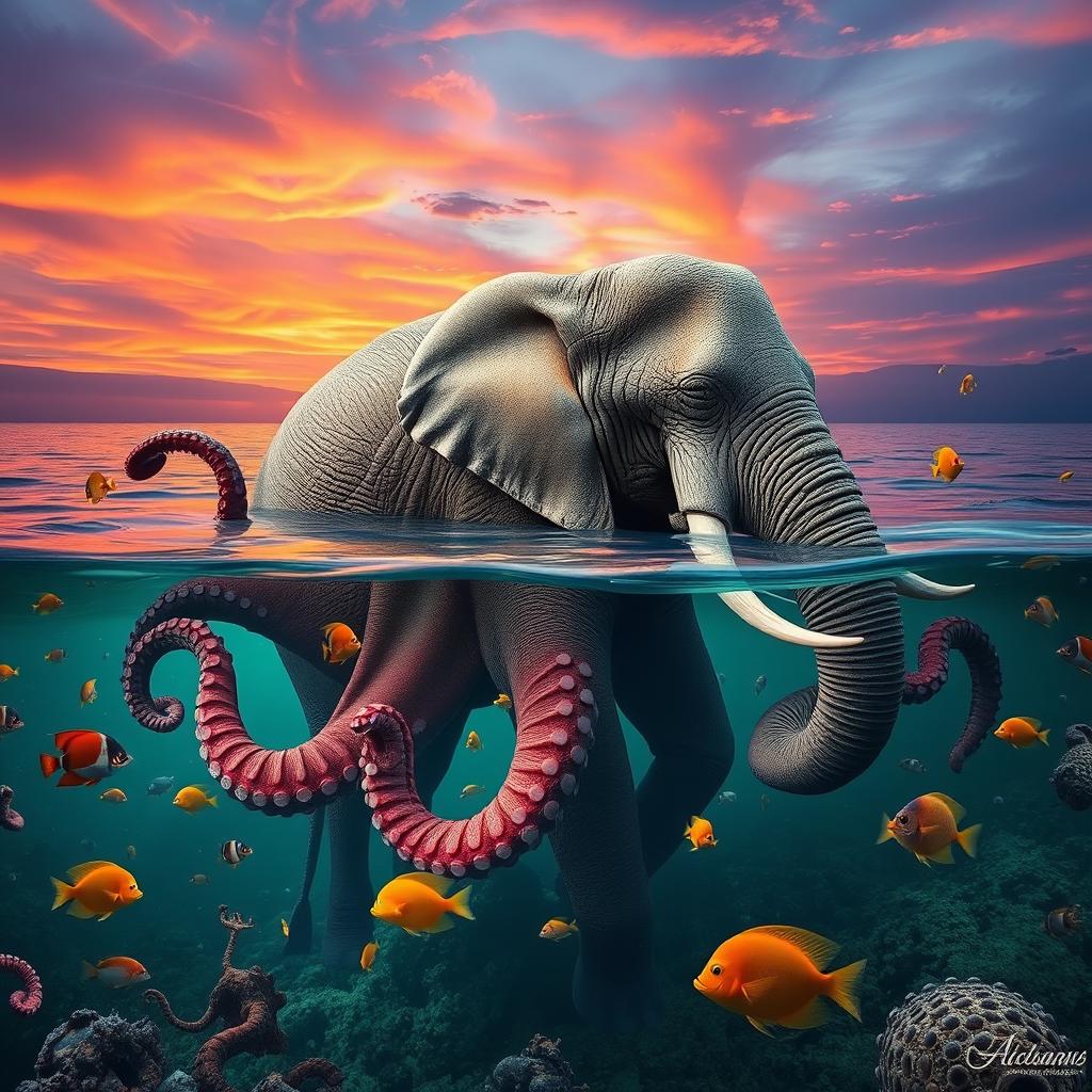 A realistic photo montage depicting an elephant transforming into an octopus in the ocean, surrounded by various colorful fish