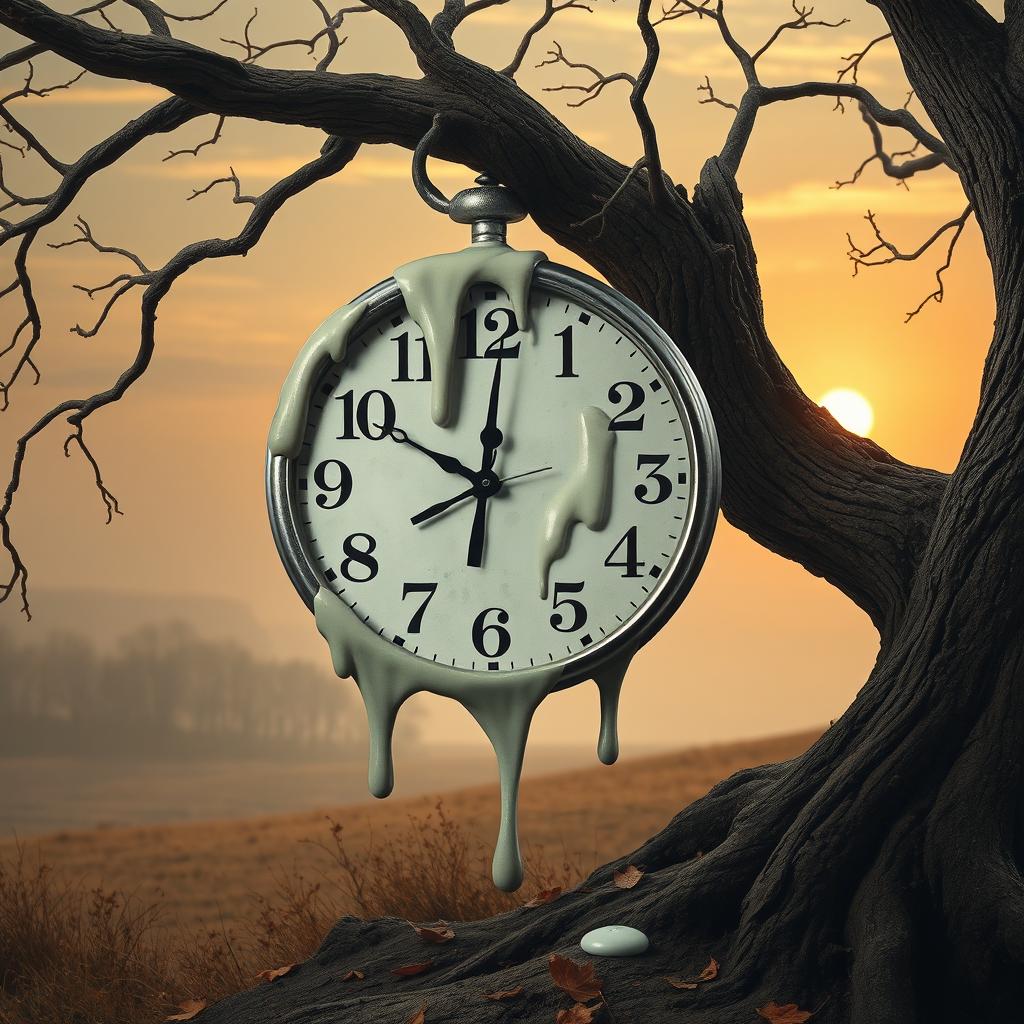 A surreal scene featuring a melting clock draped over a branch of a gnarled tree, symbolizing the waste of time and energy