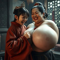 In a medieval brothel room, an intense scene features a young Chinese woman, strikingly short, an undernourished 19-year-old with brown skin