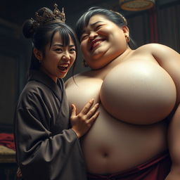 In a medieval brothel room, an intense scene features a young Chinese woman, strikingly short, an undernourished 19-year-old with brown skin