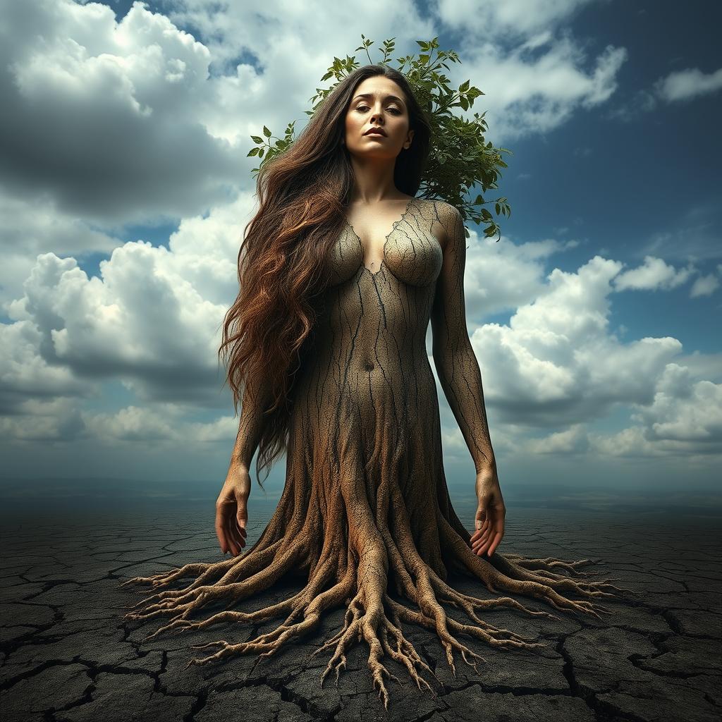 A stunning photomontage of a human woman seamlessly blended with a tree
