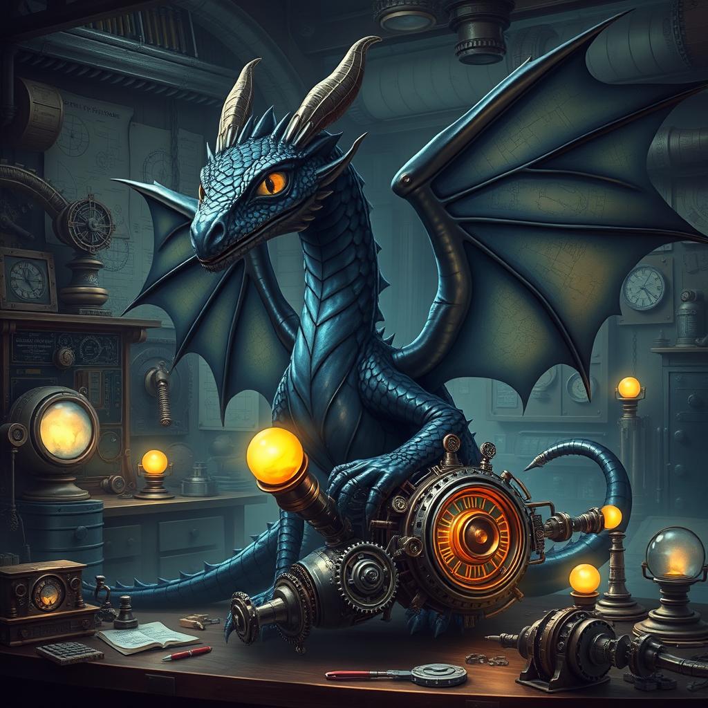 A majestic black dragon with iridescent scales, standing proudly in a fantastical workshop filled with intricate steampunk gadgets and blueprints