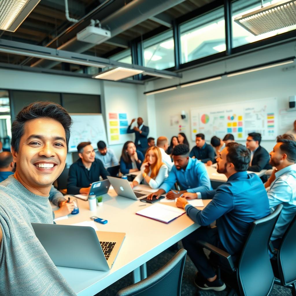 A busy conference room filled with diverse people engaged in discussions and collaborating