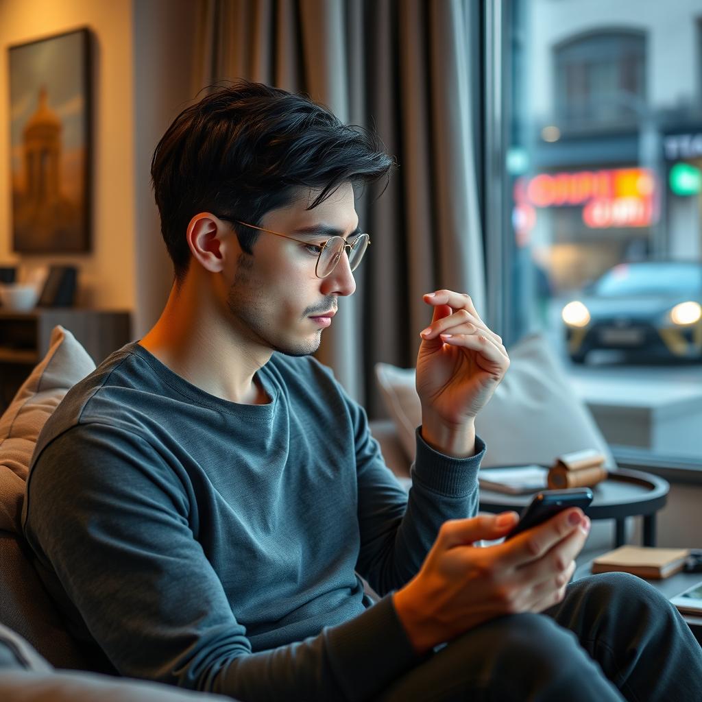 A person sitting in a cozy, modern living room, gazing thoughtfully at their smartphone, which displays a social media feed filled with vibrant images and updates
