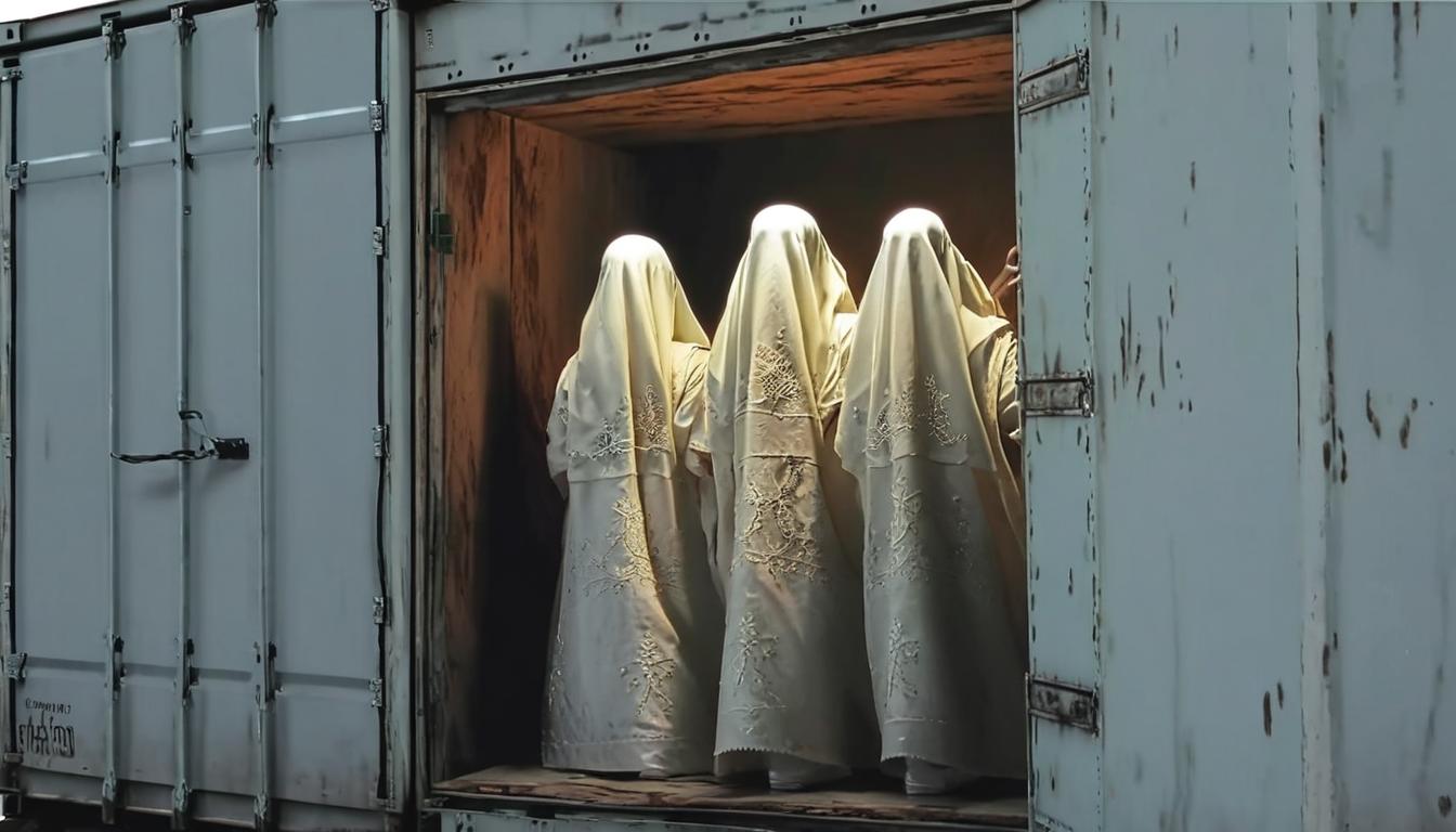 Inspirado en esta imagen, poné 4 mujeres dentro de la caja, una de ellas es la más alta porque es la madre, las otras son niñas. El fondo es siria