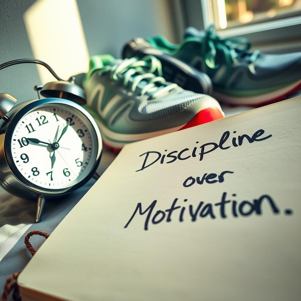 A close-up scene featuring an alarm clock placed next to a pair of running shoes, symbolizing the commitment to an active lifestyle