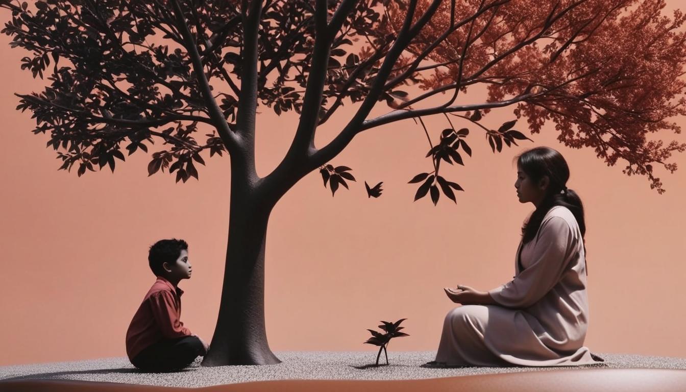 Inspirado en esta imagen haceme las figuras más pequeñas y más separadas (entre el niño y la madre), y completame el tronco del árbol