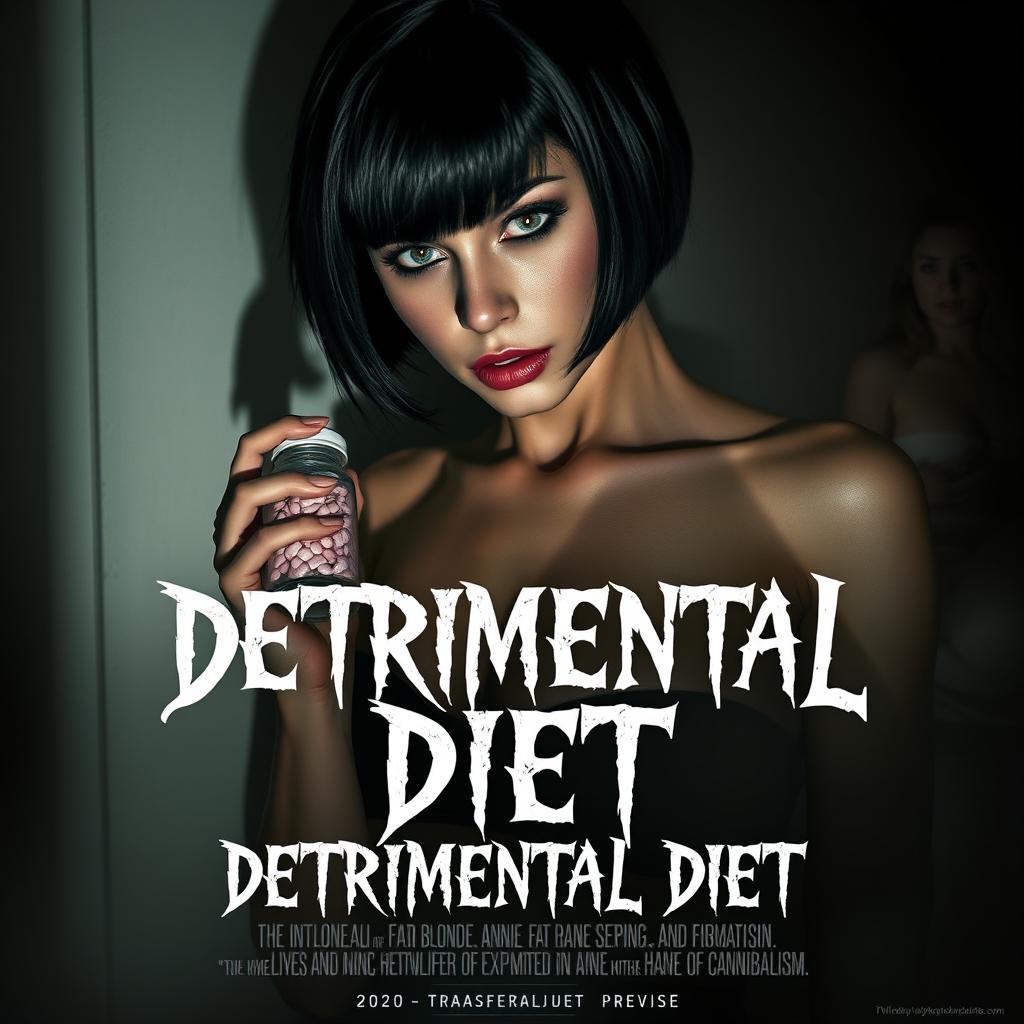 A chilling horror movie poster for 'DETRIMENTAL DIET', featuring a hot influencer with short black hair, looking both alluring and sinister